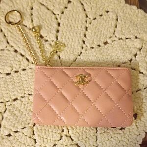 CHANEL Pink Quilted Card Holder with Gold Chain